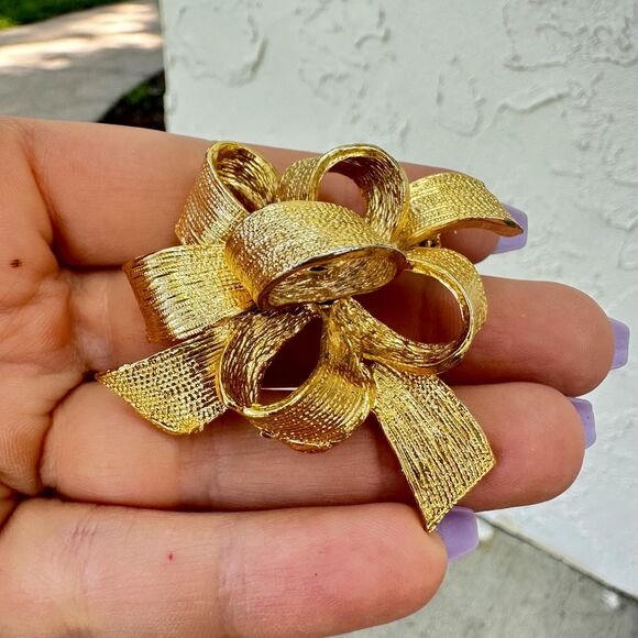 Vintage Jewelry 90s Gold Classic Ribbon Carolina gold brooch Bow Brooch - Picture 8 of 8